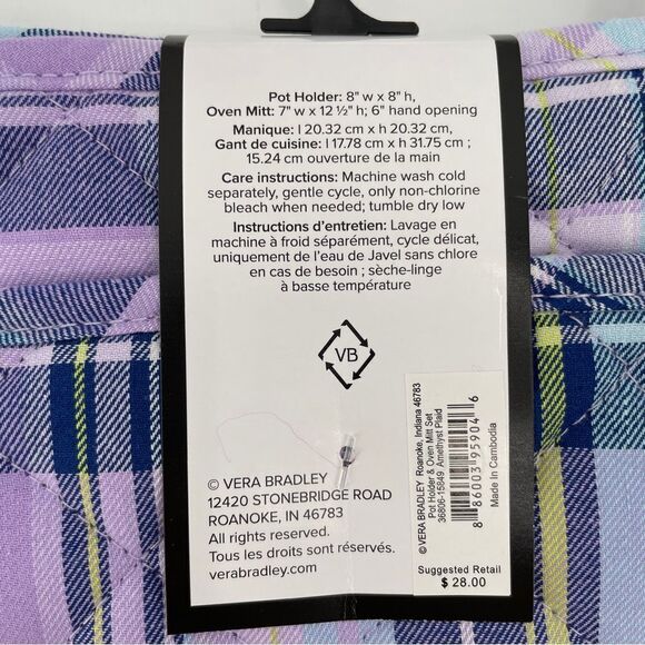 ~Vera Bradley Cotton Pot Holder & Oven Mitt Set in Amethyst Plaid NWT - Picture 5 of 8